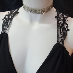Vintage Silver Toned Metalic Rhinestones Choker Collar Necklace